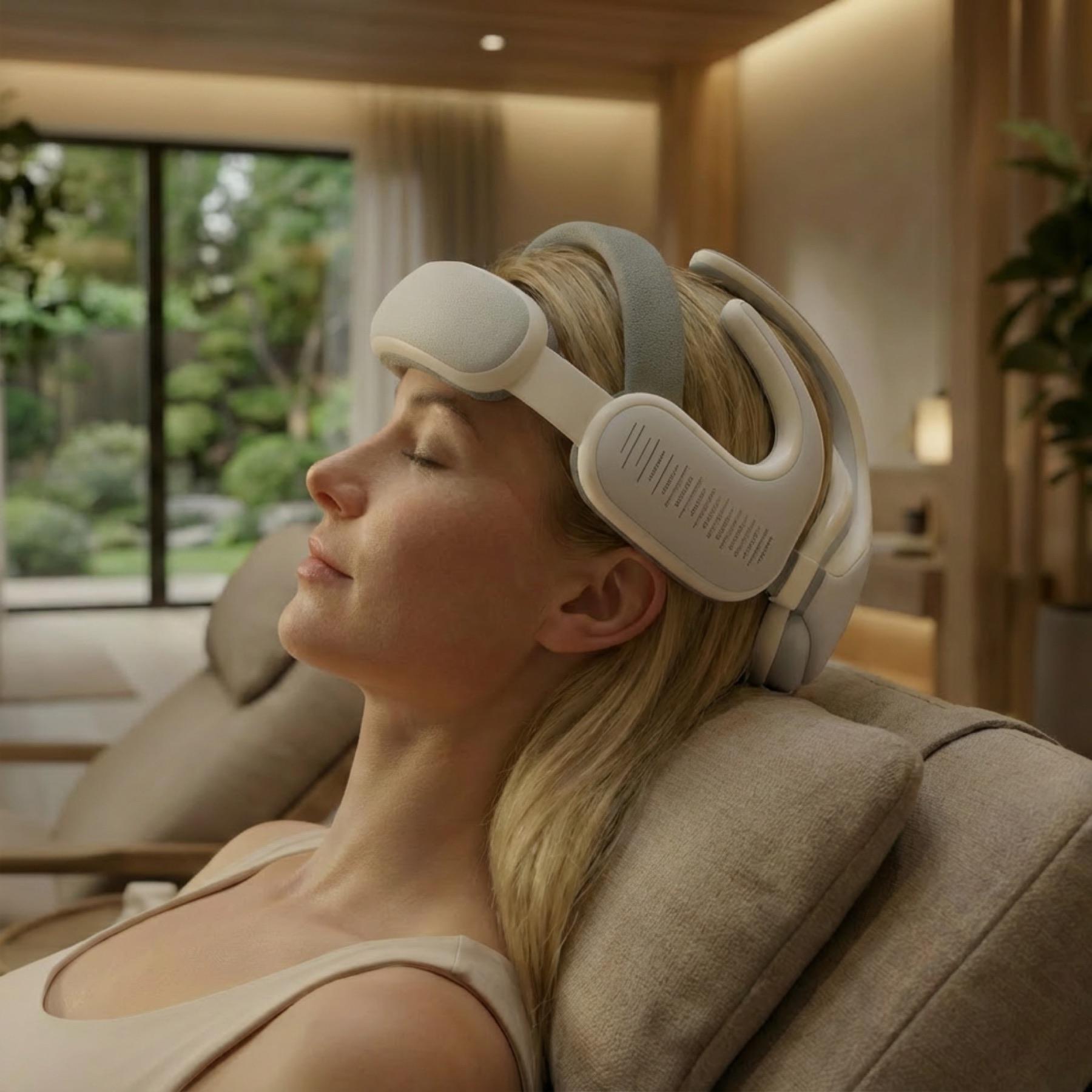 A client wearing the BrainMod-1.0 headset during a clinic session
