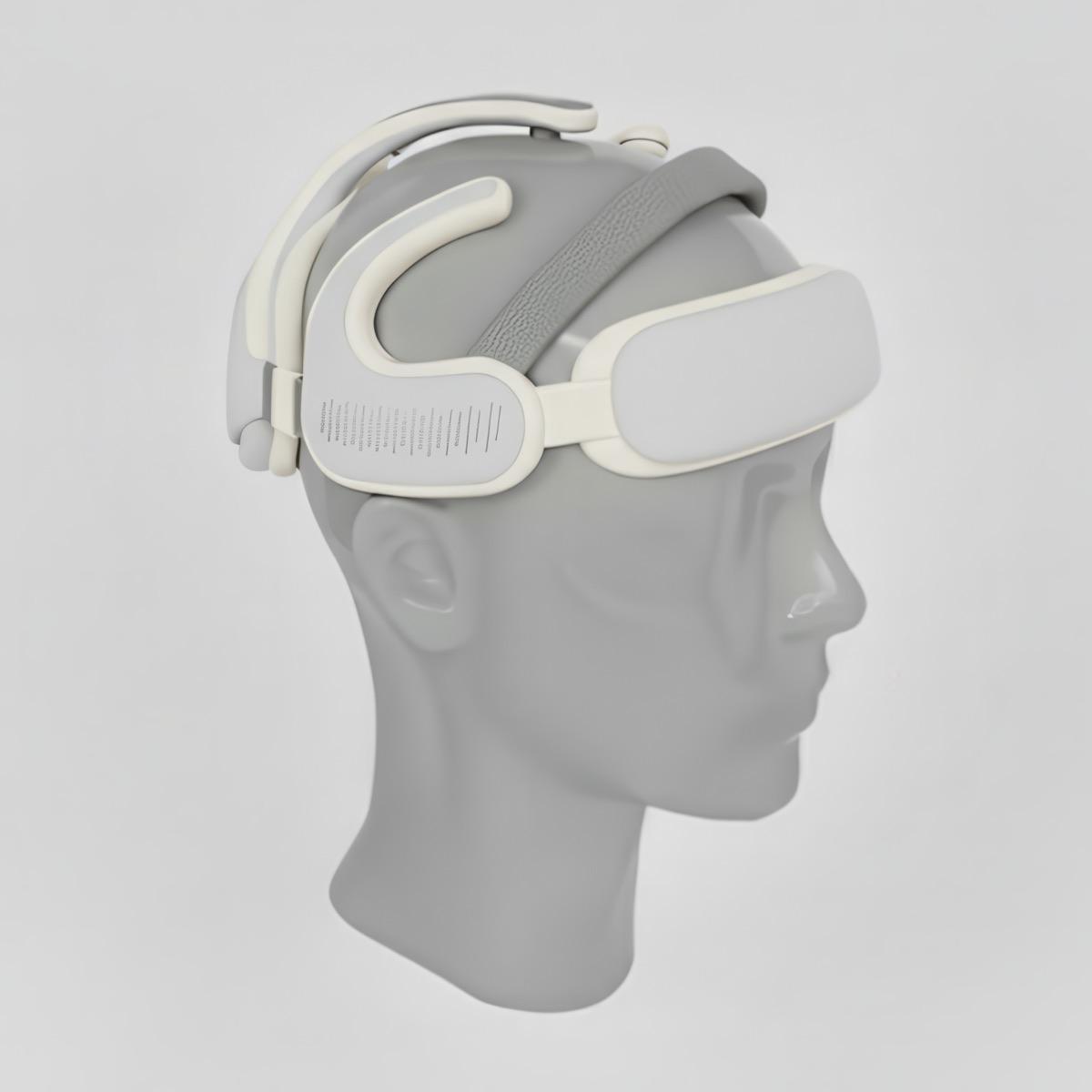 The BrainMod-1.0 headset rendered on a mannequin head, showing the EEG band and integrated TES electrodes