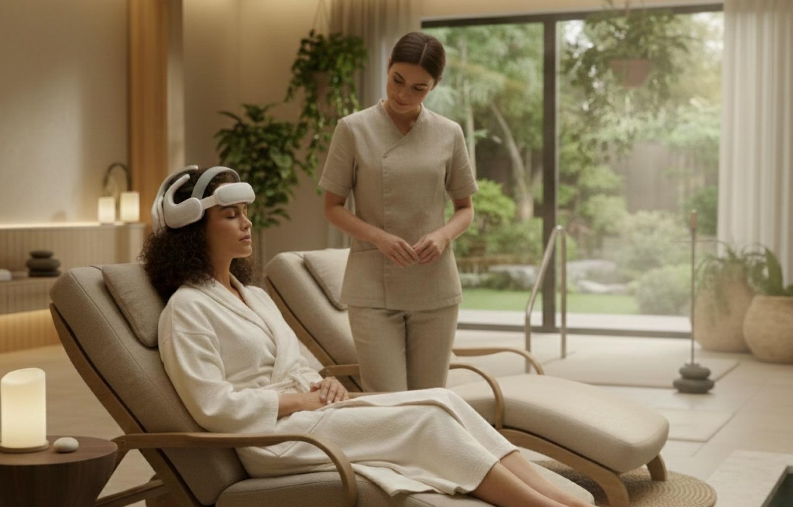 A clinician working with a client wearing the BrainMod headset in a clinic treatment room